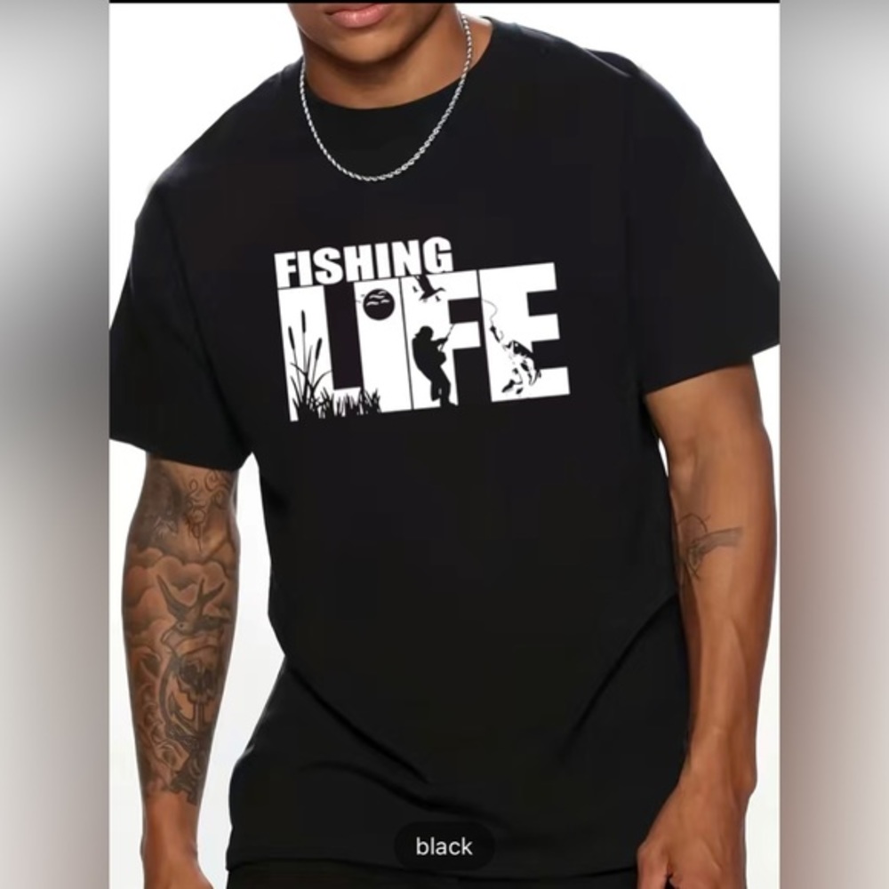 Adult Large Black Fishing Life Graphic Print‎ T-Shirt Short Sleeve Breathable